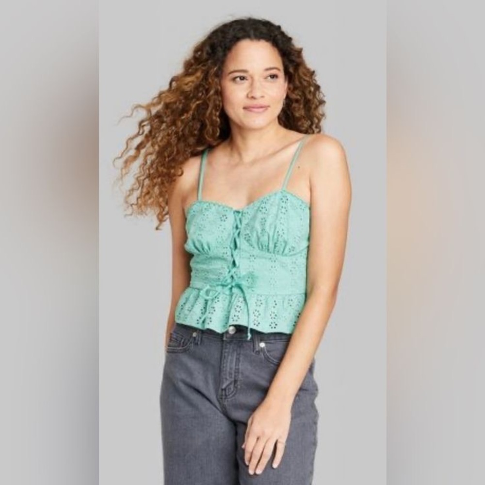NWOT Wild Fable Eyelet Lace Peplum Lace Up Crop Tank Cami Tie Front Aqua Green